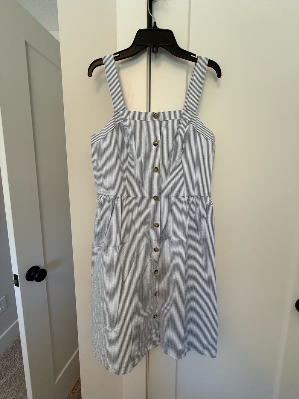 J. Crew Blue and White Pinstripe Button-Front Midi Dress